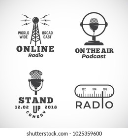 Online Radio and Microphone Abstract Vector Emblems Set. Broadcast Tower, Podcast or Stand Up Comedy Microphone Signs or Logo Templates. Radio Scale and On the Air Symbols. Isolated.