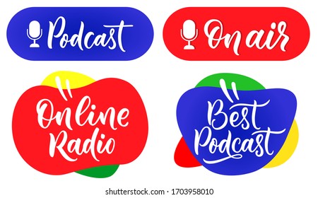 Conjunto de problemas de vectores abstractos de radio y micrófono en línea. Señales de letras y caligrafía. Plantillas de logotipo. Radio y los símbolos del aire. Aislado.