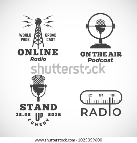 Online Radio and Microphone Abstract Vector Emblems Set. Broadcast Tower, Podcast or Stand Up Comedy Microphone Signs or Logo Templates. Radio Scale and On the Air Symbols. Isolated.