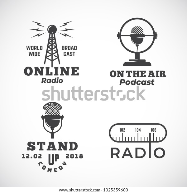 Online\
Radio and Microphone Abstract Vector Emblems Set. Broadcast Tower,\
Podcast or Stand Up Comedy Microphone Signs or Logo Templates.\
Radio Scale and On the Air Symbols.\
Isolated.