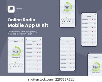 Online Radio Mobile App UI Kit Including FM Radio, Station Screens for Responsive Websites.