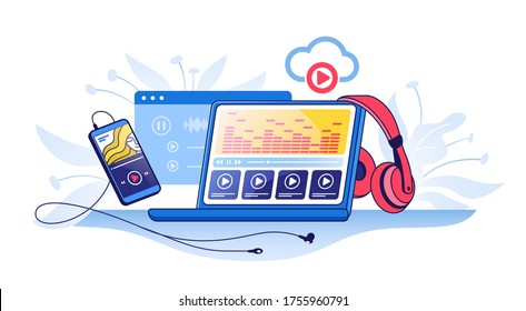 Online Radio. Music Streaming Service Concept With Smartphone, Headphones And Music Play List. Vector Audio Player And Online Broadcast, Internet Media Device