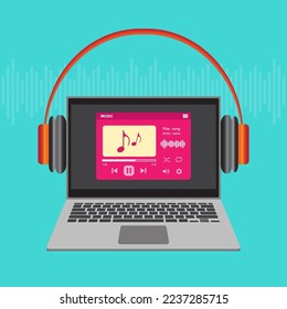 online radio Music streaming service concept with laptops, headphones and playlists. vector audio player and online broadcasting internet media device.