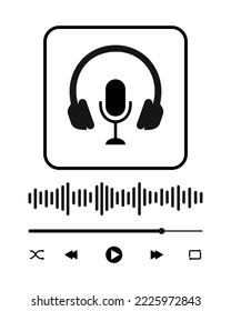 Online radio, podcast, broadcast concept. Audio player interface with headphones and microphone signs, sound wave, loading bar and buttons. Mediaplayer panel template. Vector graphic illustration