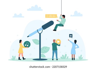 Online Radio Podcast Production, Music Show, Interview And Live Broadcasting For Audience Vector Illustration. Cartoon Tiny People Record And Listen Digital Audio Sound Near Big Radio Microphone