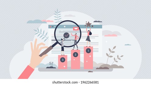 Online Ranking And Websites Search Engine Top Results Tiny Person Concept. SEO For Marketing Optimization And Internet Browser Positive Quality Assessment Vector Illustration. Network Traffic Analysis