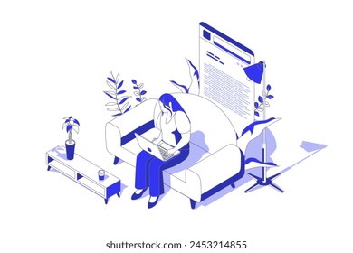 Online reading 3d isometric concept in isometry graphic design for web. People scene with woman reading e-books or digital information using laptop, learning with textbook app. Vector illustration.