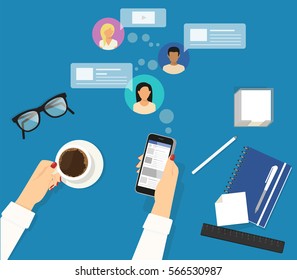 Online reading announcements in social networks. Female hands holds smartphone for keeping track of her friends announcements and reposts. Flat concept illustration of reposting news on blue work desk