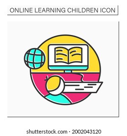 Online reading color icon. Web library for distance education. E-book literature and science electronic access. Web education and e-learning concept. Isolated vector illustration