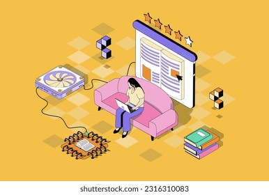 Online reading concept in 3d isometric design. Woman read e-book using laptop program, buying electronic literature at online bookstore. Vector illustration with isometry people scene for web graphic