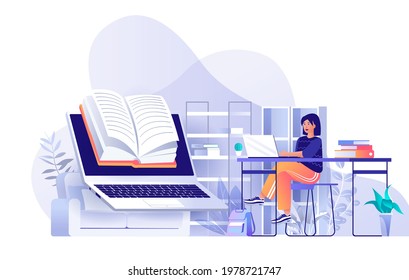 Online reading concept in flat design. E-books and online education scene template. Woman reads book from laptop screen, student studying at home. Vector illustration of people characters activities