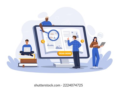 Online reading concept. Men and women near computer screen with magnifying glass. Modern technologies and digital world, electronic library and literature on Internet. Cartoon flat vector illustration