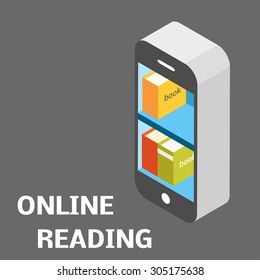 Online reading concept. Mobile book flat isometric vector illustration. Ebook learning visual metaphor. Books standing on the shelves inside of smartphone.