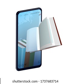 Online reading concept, smartphone with books inside. The book flies out of the phone screen. Distance learning and education. Isolated vector on white background