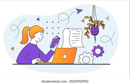 Online reading concept. Woman reads article on Internet and literary in book. Getting knowledge. World book reading or literacy day. Cartoon flat vector illustration isolated on white background