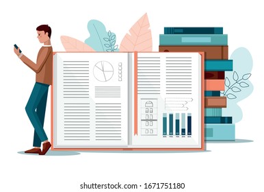 Concepto de lectura en línea. Joven parado cerca de enormes libros.  Ilustración vectorial