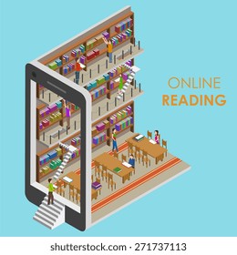 Online-Reading Conceptual Isometric Vector Illustration. Leute in der Bibliothek.