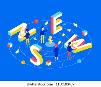 Online reading or creating news concept. News 3d word lettering typography with isometric copyrighters working on laptop. Flat 3d isometric style. Isometric design for web banner. Vector illustration.