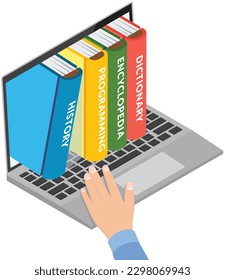 Online reading, digital library concepts. Human hand chooses eBooks in internet bookstore in laptop, literature in electronic form for learning and reading. Application for schoolchildren and students