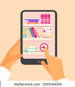 Online reading and E book in hands. Mobile devices technology concept. Vector illustration