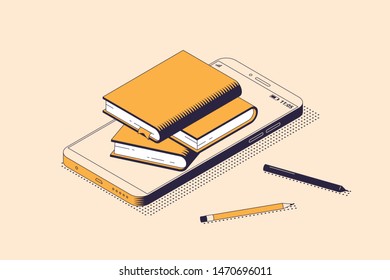 Online reading and education concept in isometric isolated vector illustration.