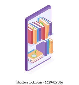 Online reading and education isometric vector illustration. Books standing on bookshelves in big smartphone for electronic reading and studying concept. Using of digital gadget for read and learn.