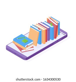 Online reading or education isometric vector illustration. Stack of colorful hardcover books, sticky note paper and pencil on mobile phone screen isolated on white background.