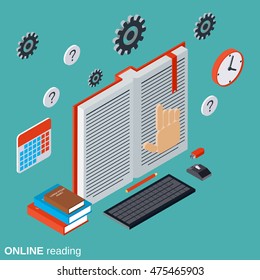 Online reading, education, tutorial, user guide flat isometric vector concept illustration