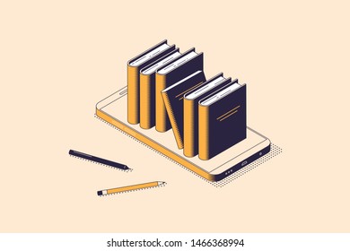 Online reading or electronic book store isometric concept with stack of books standing on smartphone screen.