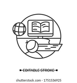 Online reading icon outline. Web library for distance education sign. E-book literature and science electronic access. Web education and elearning concept. Linear vector illustration.Editable stroke

