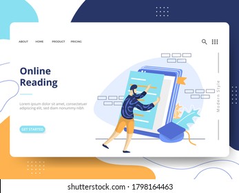 Online Reading Illustration,the concept of E-Learning Education, can be used for landing pages, web, ui, banners, templates, backgrounds, flayer, posters, development.