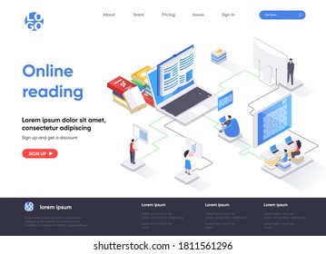 Online reading isometric landing page. Distance education and knowledge isometry concept. E-book reading application, online library service flat web page. Vector illustration with people characters.