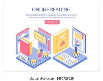 Online reading landing page isometric vector template