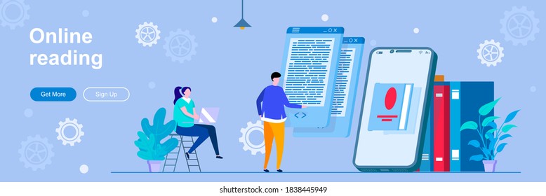 Online reading landing page with people characters. E-book reading application, online library banner. Distance learning vector illustration. Flat concept great for social media promotional materials.