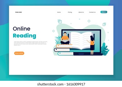 Online reading landing page template with character. Online library illustration. 