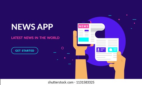 Online reading latest news. Flat vector neon website template and landing page design of online reading news using smartphone mobile app. Human hand holds smartphone and reading daily newspaper