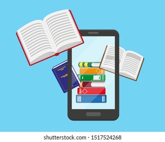 Online reading, learning or education concept. Books in the smartphone and flying books around. Vector illustration.