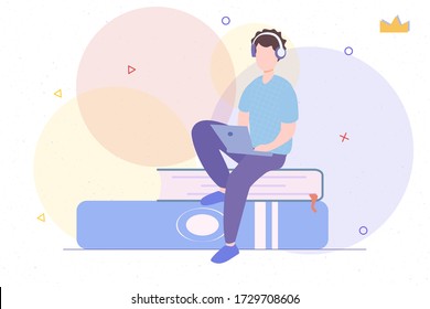 Online reading or library e-book education concept vector illustration
Man sitting on pile of books with headphones and listen them online.