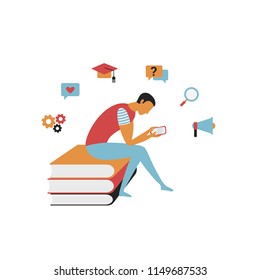 Online reading  with a man sitting on books and using a smartphone. Mobile app concept for learning or reading.  Education concept. Vector student illustration.