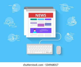 Online reading news. Flat illustration of online reading news using computer and web browser with outlined symbols. Pc keyboard and web browser with news page and media icons isolated on blue