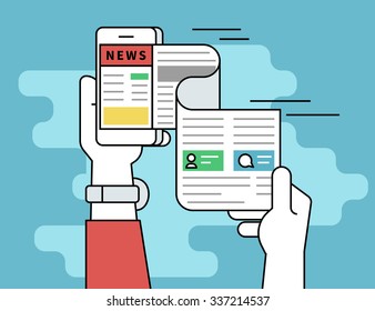 Online reading news. Flat line contour illustration concept of online reading news using smartphone app. Human hand holds smartphone and reading daily newspaper