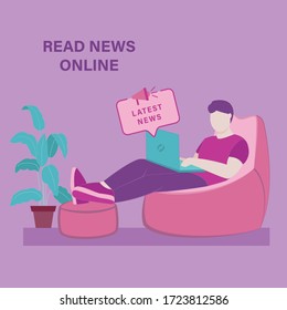 Online reading news. Man sit with laptop at home and read latest news. Vector illustration