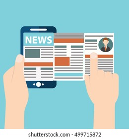 Online reading news. Vector illustration of online reading news using smartphone.