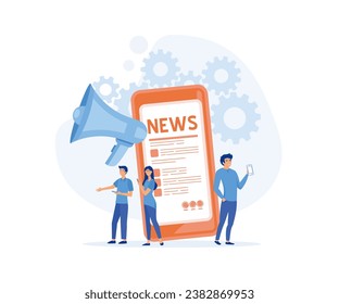 Online reading news. Young men and women are standing near big smartphone and using their own smart phones for reading news.  flat vector modern illustration