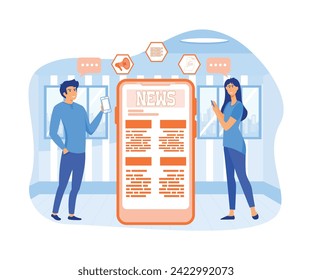 Online reading news. Young men and women are standing near big smart phone and using their own smart phones for reading news. flat vector modern illustration 