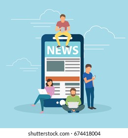 Online reading news. Young men and women are standing near big smartphone and using their own smart phones for reading news. Flat concept illustration of smartphone usability on blue background