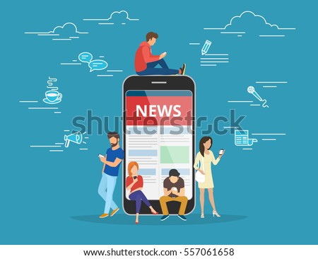 Online reading news. Young men and women are standing near big smartphone and using their own smart phones for reading news. Flat concept illustration of smartphone usability on blue background
