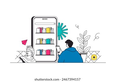 Online reading outline web concept in modern flat line design. Man reading books in mobile app, managing digital books at virtual shelves and storing at mobile phone application. Vector illustration