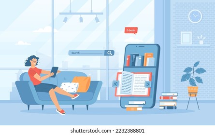 Online reading. Online service with e-books, library, education. Bookshelf and open book on phone screen. Flat cartoon vector illustration with people characters for banner, website, landing web page