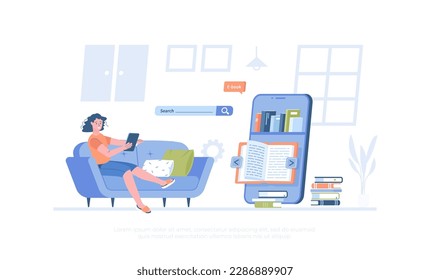 Online reading. Online service with e-books, library, education. Bookshelf and open book on phone screen. Cartoon modern flat vector illustration for banner, website design, landing page.
